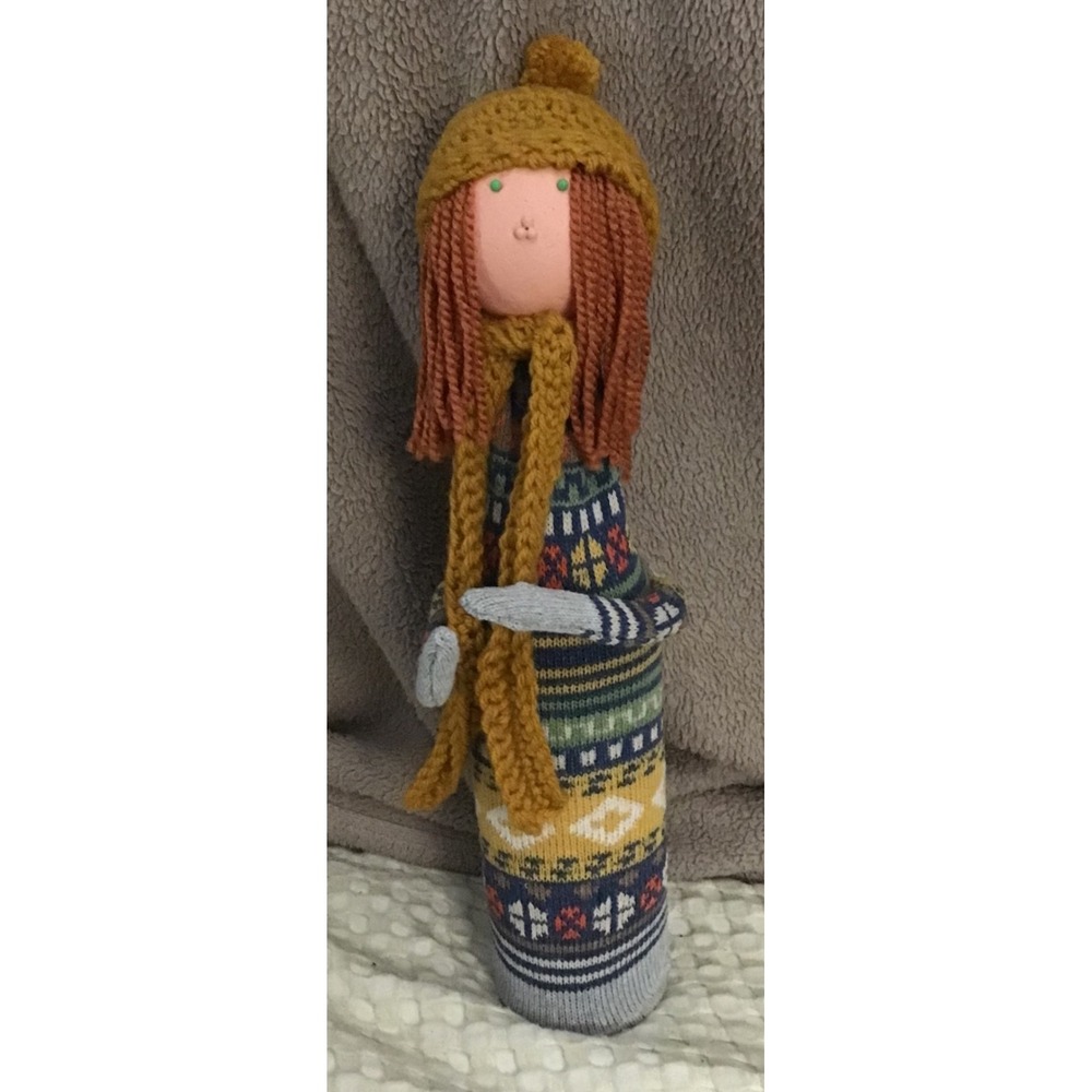 Handmade Folk Art Doll‎ Winter Hat Scarf Cozy Sweater Doll Decor